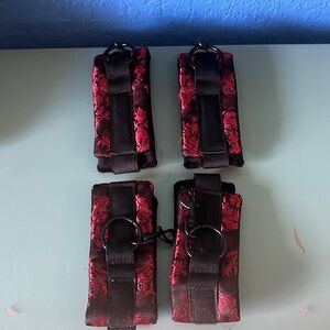 Adult Sex Play Padded Handcuffs/Ankle Black/Red Floral Patterned Straps